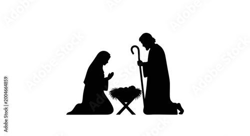 Fotografía Nativity scene silhouette with shepherd and baby jesus on white background