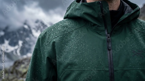 Waterproof Green Outdoor Rain Jacket with Water Droplets in Mountains Vector