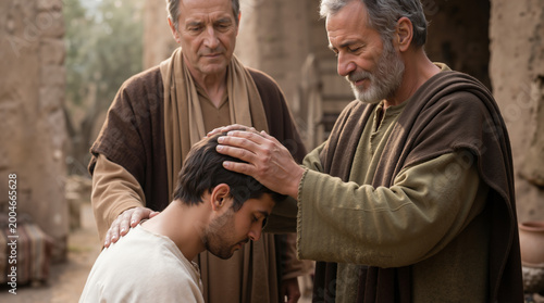 Apostles laying hands in blessing. Biblical scene of men praying over a young man. Religious ritual of healing and ordination