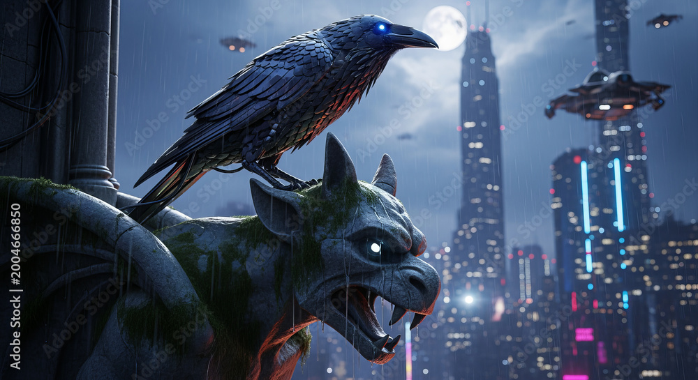 Fototapeta premium Gargoyle and Raven Guardians Overlooking Cyberpunk Cityscape Under Rainy Moonlit Sky at Night