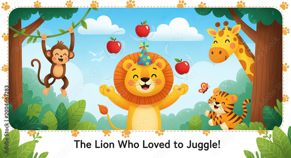 Fototapeta premium Vibrant Jungle Scene with a Juggling Lion, Playful Giraffe, and Mischievous Monkey in a Lush Forest