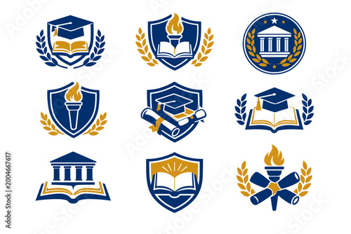 Academic Institution and Educational Center Graphic Bundle. Collegiate Logos highlighting Mortarboards, Open Volumes, Crests, Beacons, Foliage Crowns, and Certificates for Alumni Achievement.