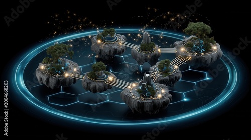 Floating islands linked by glowing circuits virtual data landscape digital artwork futuristic environment aerial view conceptual exploration