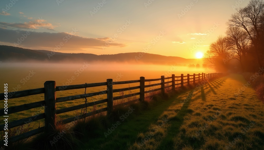 Fototapeta premium Golden sunrise lights up foggy farm fields and green pastures. A rustic wooden fence lines the path, casting long shadows in the early morning light across the serene landscape.