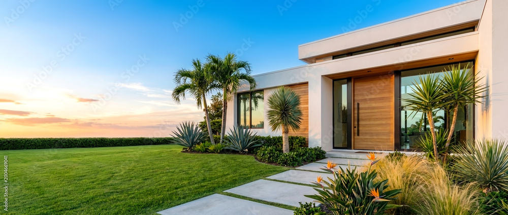 Fototapeta premium Modern luxury villa exterior with white facade tropical garden palm trees and sunset sky background