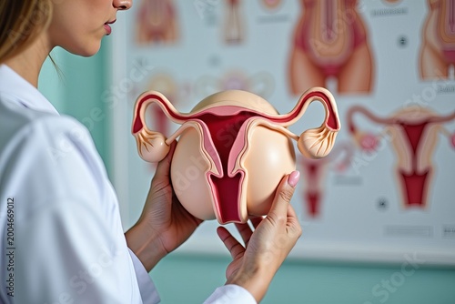 Close-up image of a female gynecologist examining a uterus model surrounded by reproductive anatomy illustrations.