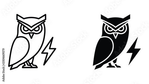 Black and white owl with lightning bolt graphic icons