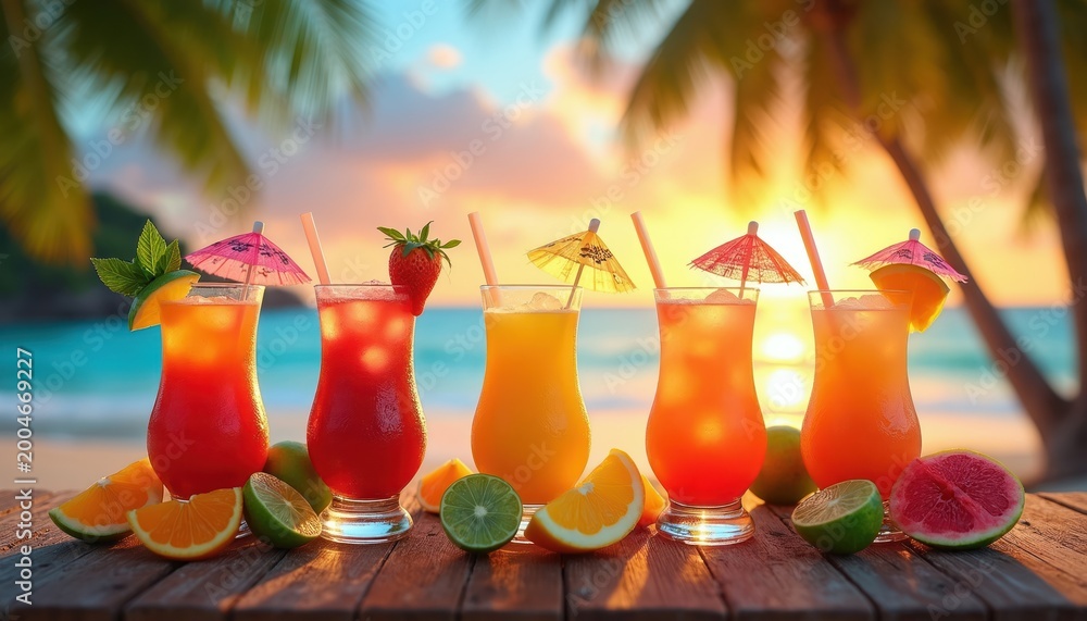 Fototapeta premium Row of tropical cocktails on wooden table. Beach background with palm trees and ocean sunset. Colorful drinks with fruit garnishes and ice, perfect for vacation.