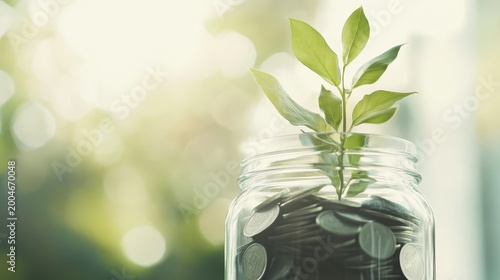 A seedling plant growing from a jar filled with coins, symbolizing financial growth and savings.