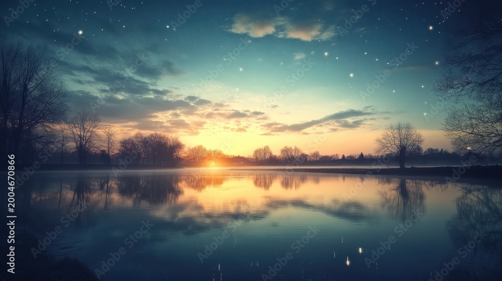 Fototapeta premium A tranquil lake at dusk with starlit reflections creating a magical scene, soft light enhancing the peaceful atmosphere.