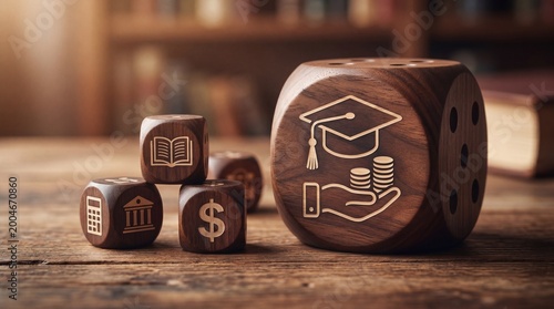 Fafsa application concept with education funding and graduation symbols on wooden table