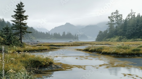 Misty Coastal Marsh Landscape with Mountains and Fog, showcasing natural habitat and preservation efforts