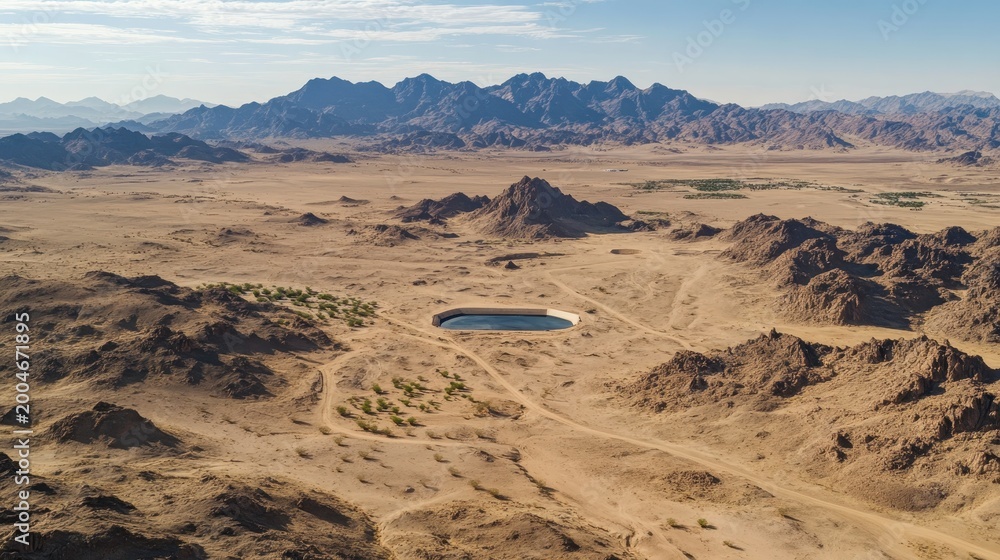 Fototapeta premium Dry water reservoir in a vast arid desert landscape under harsh sunlight with mountains in the background, representing environmental crisis