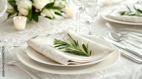 Elegant holiday table setting with rosemary sprig on a white napkin and dinnerware, soft light in a dining room.