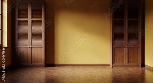 Empty minimalist room featuring yellow walls, dark wood louvered wardrobes, and herringbone parquet floor. Warm natural light illuminates the space, ideal for interior mockup.
