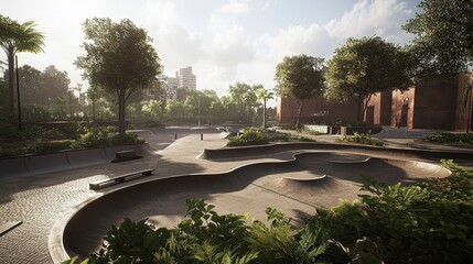 Leinwandbilder Schwarz Serene Skatepark Scene with Dynamic Angles and Evening Sunlight, Ideal for Urban Recreation and Lifestyle.  © ABDUL
