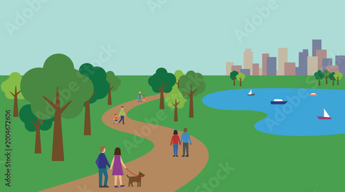 Bild auf Leinwand Urban park scene with people walking dogs and sailboats on a lake city skyline i