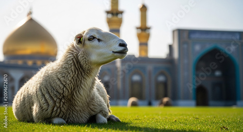 Sacrificial sheep resting on green grass before a golden-domed mosque, celebrating Eid al-Adha, Qurbani religious tradition, Islamic festival concept, peaceful Muslim holiday