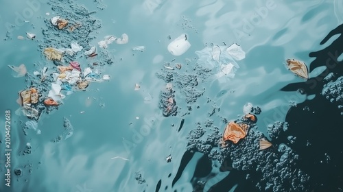 Floating plastic debris pollutes murky lake water under a clear sky representing environmental crisis and global waste problem