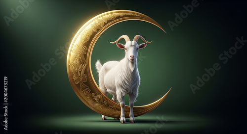 White goat standing with an ornate golden crescent moon for Eid al-Adha celebration, Islamic festival concept, majestic sacrificial animal portrait on dark green background.