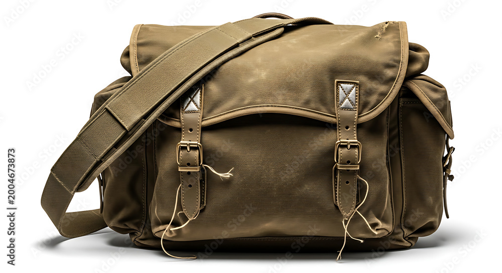 Naklejka premium Classic rugged canvas messenger bag with durable strap and secure buckle closures, professionally isolated on a clean white background
