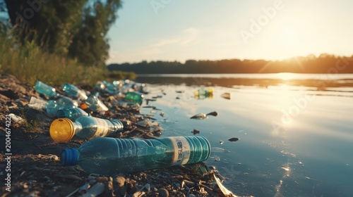 Plastic Waste Contaminating a River Shoreline at Sunrise, a Stark Reminder of Environmental Degradation