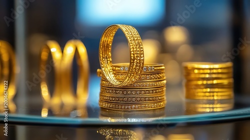 Stack of exquisite gold bangles with intricate patterns displayed on a glass pedestal under soft lighting
