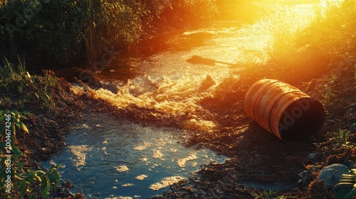 Polluted river water contaminated with toxic industrial waste flowing near a dam under harsh sunlight