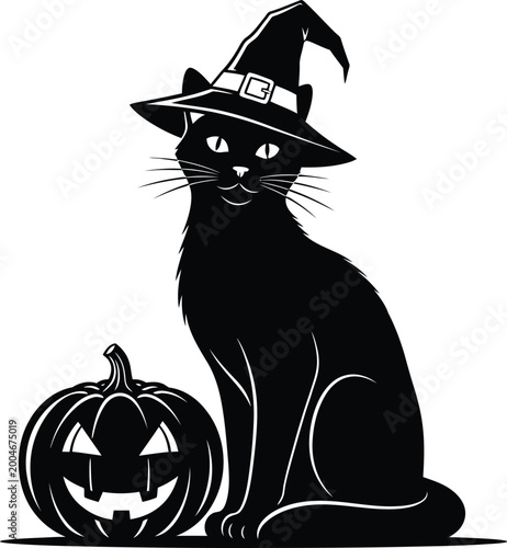 Vintage halloween black cat with witch hat and jack o' lantern