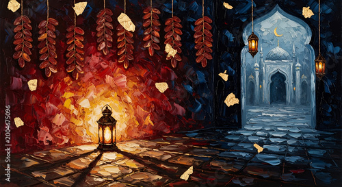 Oil painting of hanging dates and glowing lanterns framing a mosque archway under a crescent moon, textured artistic Islamic background for Ramadan and Eid Mubarak celebration.