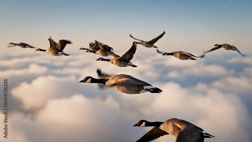 Obraz premium Flock of geese flying in formation above fluffy clouds during sunset, showcasing their wings spread wide against a colorful sky backdrop