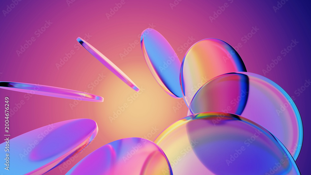 Fototapeta premium Colorful transparent glass plates with dispersion effect on neon light background
