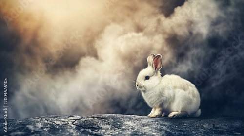 A white rabbit sits against a moody, smoky backdrop, with soft lighting on its fur