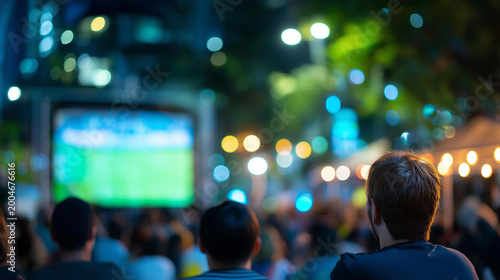Rear view of a stadium fan zone outdoors with a large screen and crowd gathered at night, public match viewing concept, fan zone culture, evening sports event, defocused