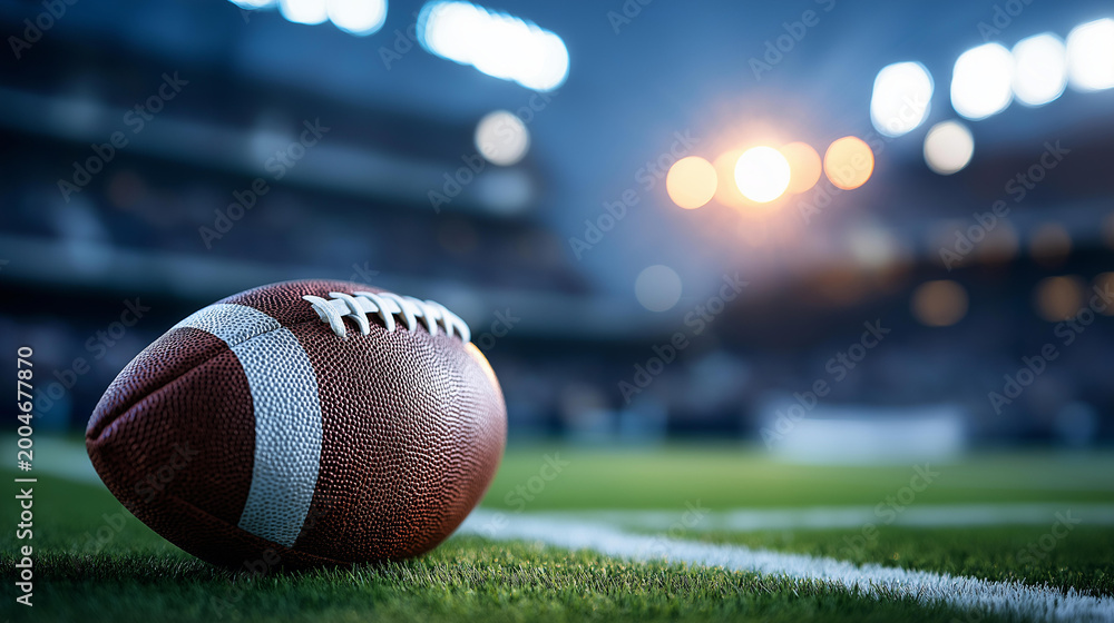 Fototapeta premium Close-up of a stadium football on a green field under floodlights with empty stands in background, pre-match atmosphere concept, sport equipment in venue, defocused background,