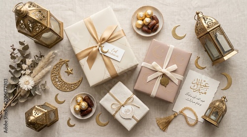 Eid al-Adha gift arrangement with gold decorations and wrapped presents on a beige background, festive holiday concept.