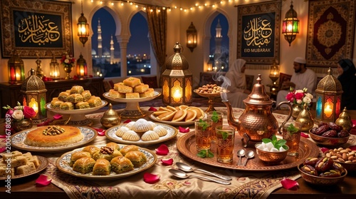 Festive Eid al-Adha dessert table with traditional sweets and decorations in a beautifully lit room.