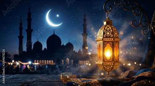 Golden Islamic lantern glowing under crescent moon with mosque silhouette at night, Ramadan background