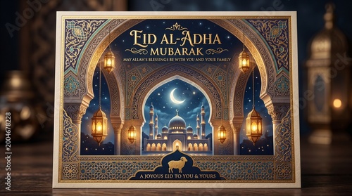 Eid al-Adha greeting card with mosque and ram, Islamic holiday celebration concept