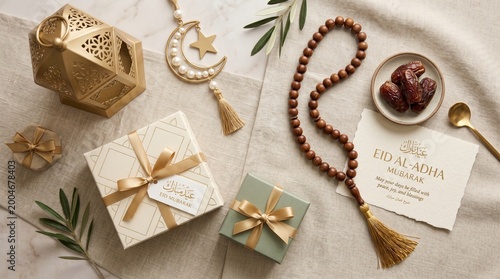Eid al-Adha flat lay with gifts, dates, rosary, and festive decorations on a beige background