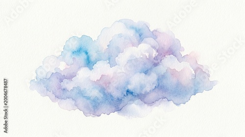 Soft puffy watercolor cloud texture in pastel blue, purple, and white hues on a plain background
