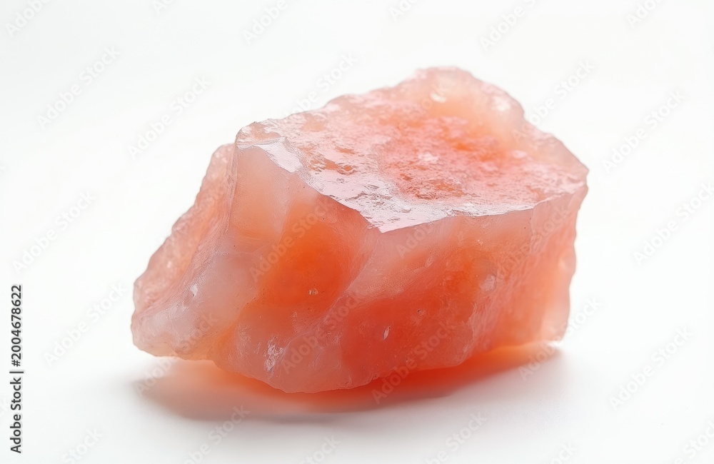 Fototapeta premium Pink Himalayan salt chunk rests on white backdrop. Natural crystal mineral is useful for cooking spa therapy breathing treatments and decor. Unique textured object.