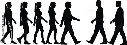 Tableau sur toile Silhouette lineup of walking men and women in profile isolated on white backgrou