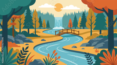 Schilderij op canvas Autumn landscape with a river bridge waterfall landscape waterfall traveling adv