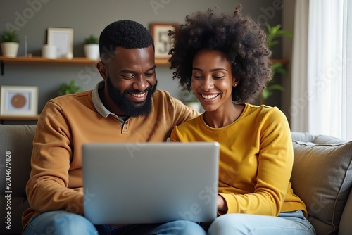 African couple joyfully managing their household finances and taxes on a laptop from the comfort of their couch.