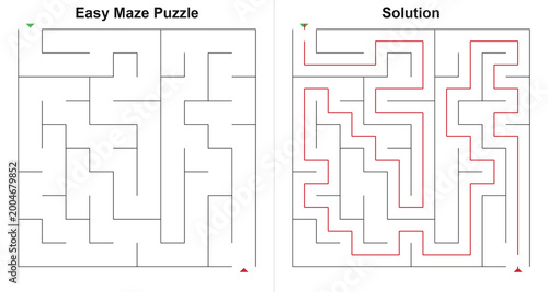 Photos Easy Maze Puzzle with Solution for Kids - Simple Labyrinth Activity Sheet