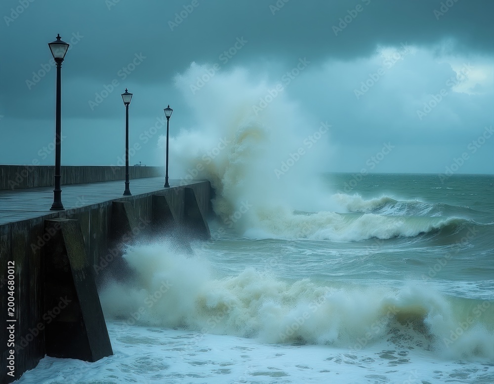 Fototapeta premium Large ocean waves hit concrete breakwater under dark stormy sky. Lighthouse posts stand along seaside promenade, resisting heavy sea power. Coastal defense shows strength against bad weather.