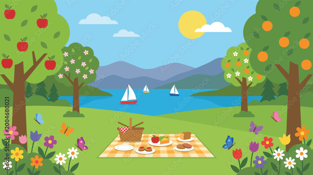 Fototapeta premium Summer picnic scene with sailboats on lake apple tree orange tree picnic spot blue sky picnic spread food platter family outing outdoor dining sailboats mountains landscape outdoors