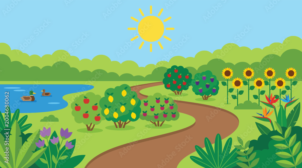 Fototapeta premium Tranquil lake with fruit trees and ducks apple tree orange tree blue sky wildlife landscape outdoors botanical sunflowers tranquil peaceful recreation countryside picturesque scenic view