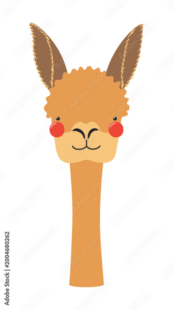 Fototapeta premium Cute little vicuna face illustration isolated. Kawaii cartoon character. Wild animal, baby animal, wildlife, nature, fauna. Kids print, design element, clip art. Hand drawn flat vector